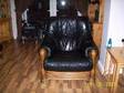BLACK LEATHER AND wooden framed 4 piece suite,  1 black....